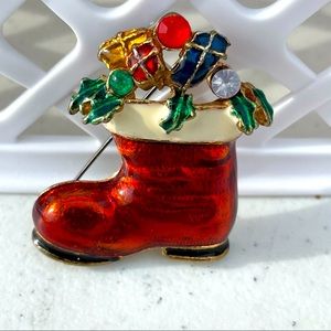Vtg Christmas Stocking Gifts Red Enamel Pin Brooch